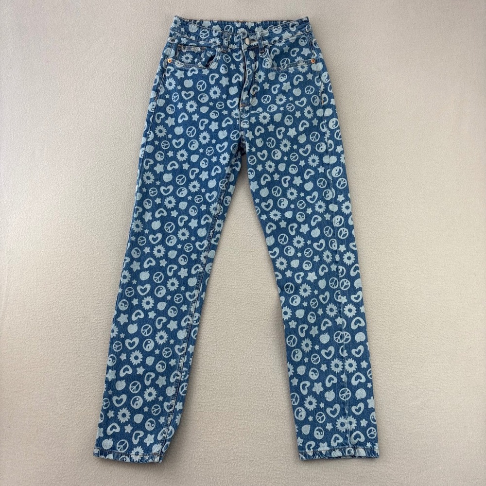 Daisy Street Peace Heart Print Jeans Women S Blue 90s Style High Rise Denim